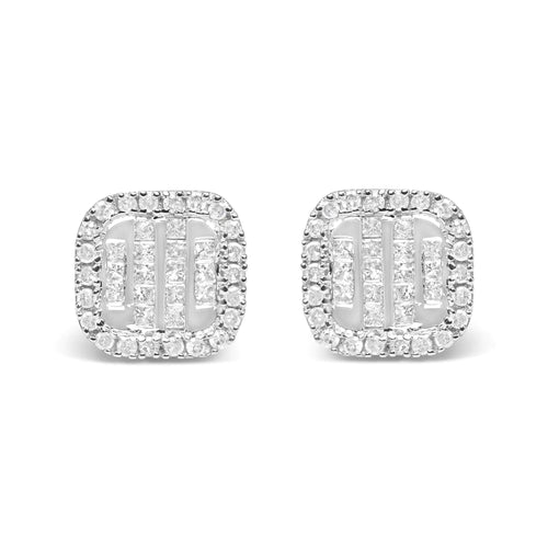 10K White Gold 7/8 Cttw Diamond Princess Composite and Halo Stud Earrings (I-J Color, I1-I2 Clarity)