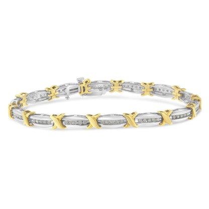 Pulsera de tenis de 18 cm (7"), bicolor, de oro amarillo de 10 quilates sobre plata de ley 0,925, con diamantes de 1,0 ct engastados en canal, de eslabones cónicos y X-Link (color HI, claridad I2-I3)