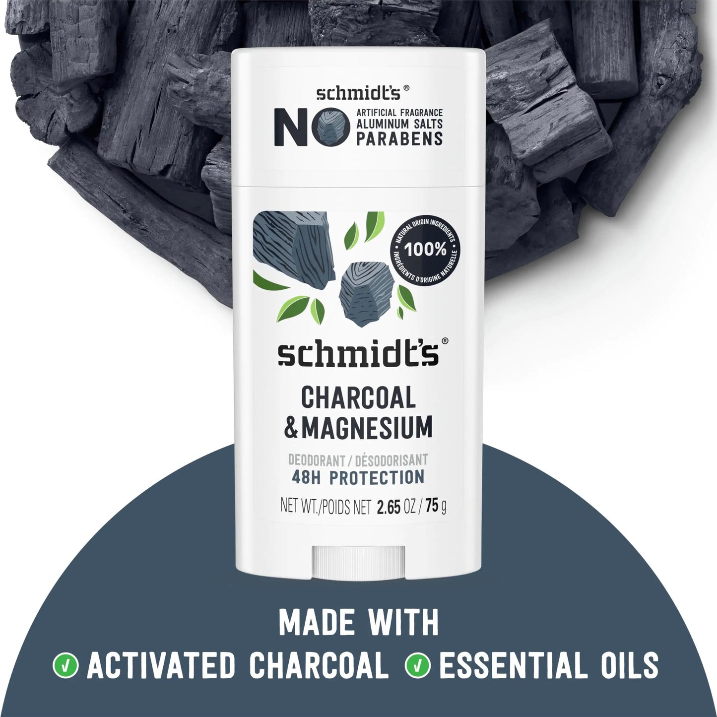 Desodorante vegano Schmidt's sin aluminio, con carbón y magnesio, 24 horas de protección contra el mal olor, 4 unidades para mujeres y hombres, ingredientes naturales, sin crueldad animal, 77 g