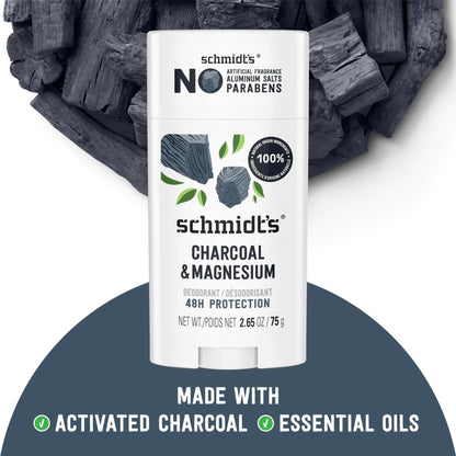 Desodorante vegano Schmidt's sin aluminio, con carbón y magnesio, 24 horas de protección contra el mal olor, 4 unidades para mujeres y hombres, ingredientes naturales, sin crueldad animal, 77 g