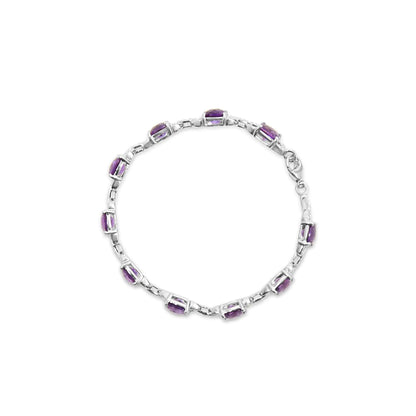 .925 Sterling Silver 7mm Cushion Cut Amethyst Gemstone and Diamond Tennis Link Bracelet (I-J Color, I1-I2 Clarity) - Size 7"