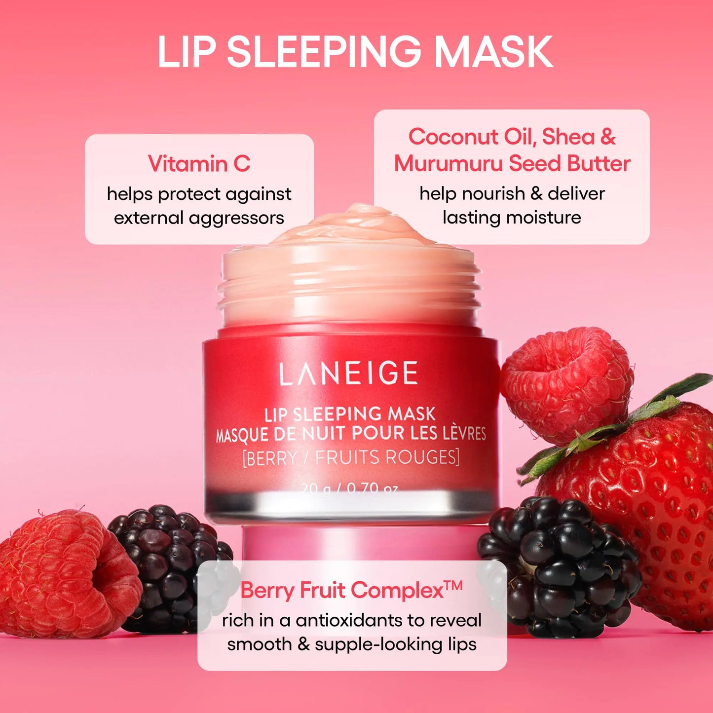 Mascarilla de noche para labios LANEIGE: Nutre, hidrata, vitamina C, murumuru y manteca de karité, antioxidantes, labios secos y escamosos con efecto bastón de caramelo.