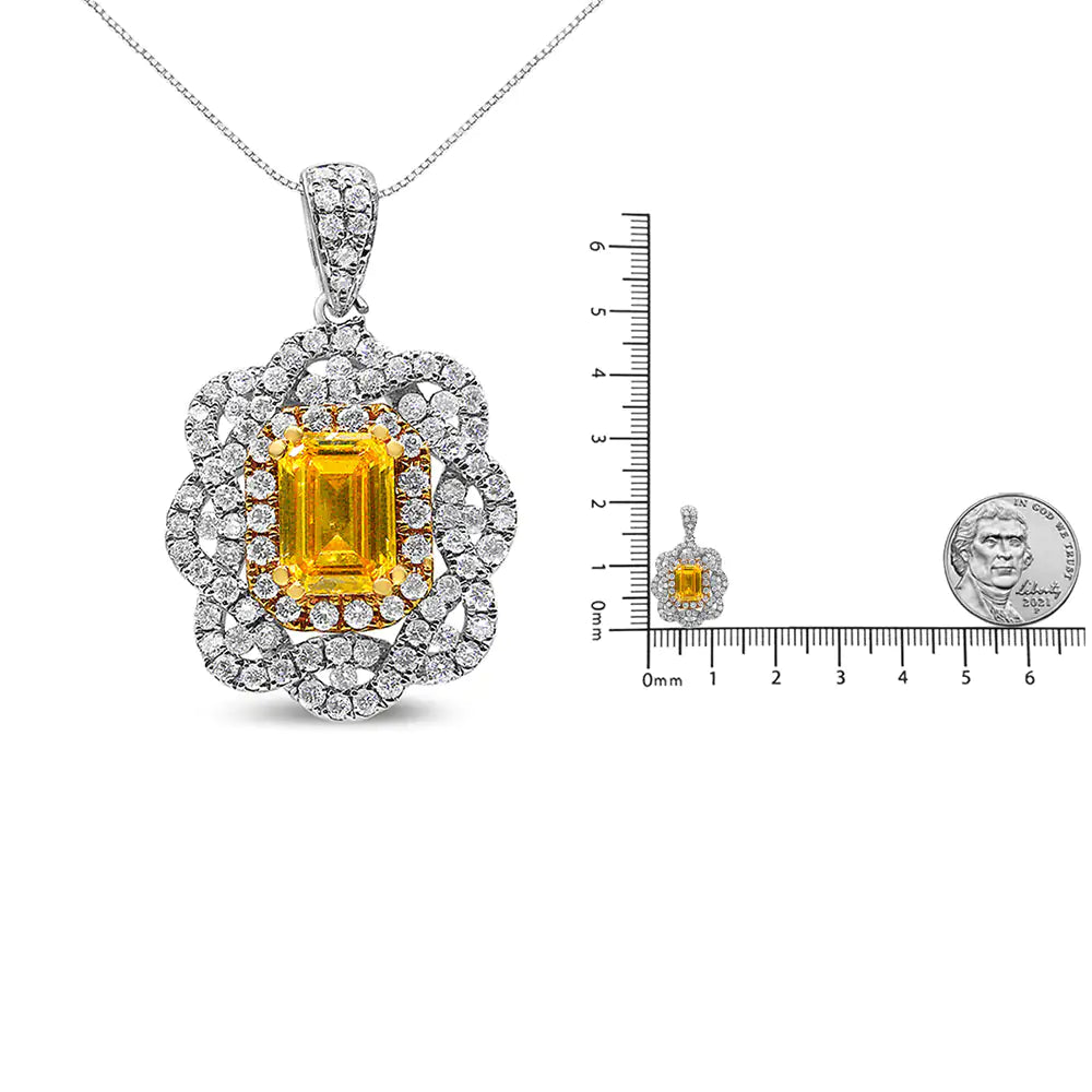 18K Yellow and White Gold 1.75 Cttw Diamond Lab Grown Treated Yellow Emerald Center Diamond Halo 18" Pendant Necklace (Yellow/G-H Color, VS1-VS2 Clarity)