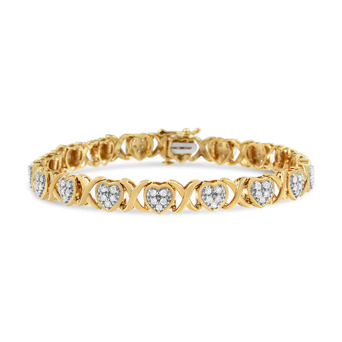 Pulsera de plata de ley 925 bañada en oro amarillo de 14 quilates con corazón de diamantes y eslabones en forma de X de 1,00 quilates (color IJ, claridad I3) - 7,25 pulgadas