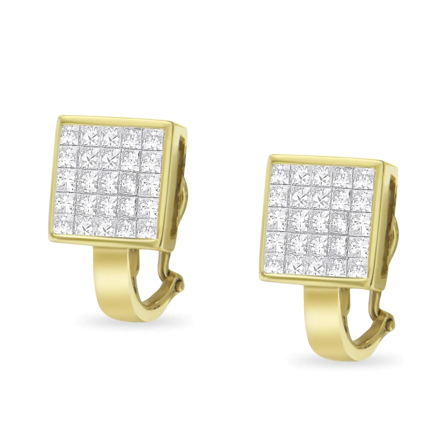 14K gult gull 3-1/5 Cttw Princess Cut Diamond ¾ Square Invisible Sett Grid Huggy Style Omega Back Stud øredobber (GH Color, VS1-VS2 Clarity)