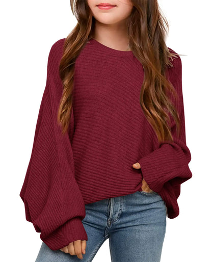 Mafulus Girl's Oversized Crewneck Fall Sweaters Kids Batwing Long Sleeve Slouchy Chunky Cute Pullover Jumper Shirts 5-14T 9-10 Years Burgundy Oversized Girls Sweaters Burgundy