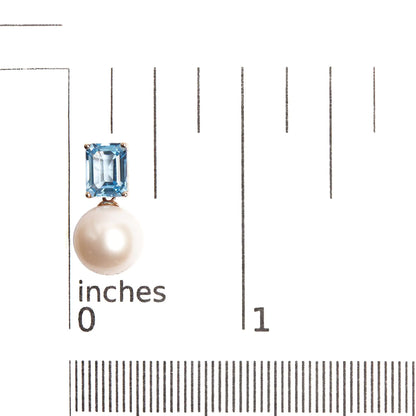 14K Rose Gold 10MM Cultured Freshwater Pearl and 8x6mm Octagon Swiss Blue Topaz Drop Earrings