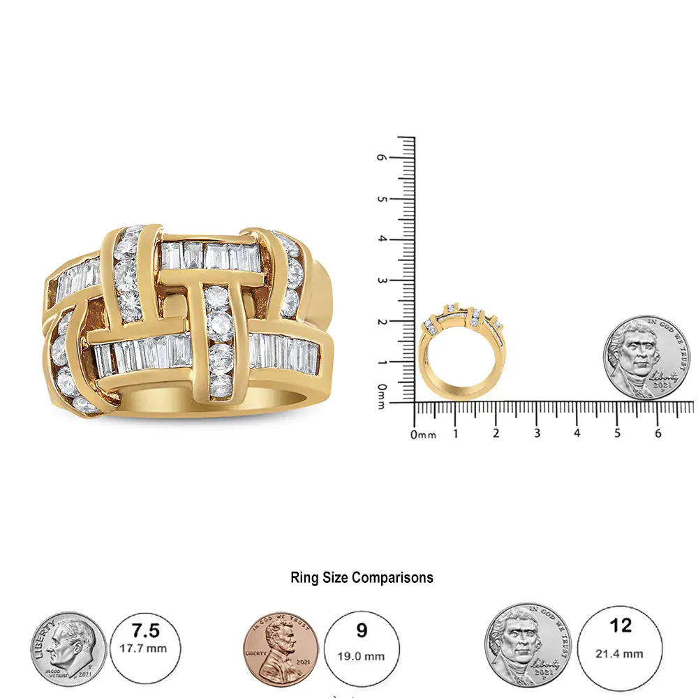 14K gult gull 1 5/8 Cttw runde og baguette diamantgittergitterdesignringbånd (HI-farge, VS2-SI1-klarhet) - ringstørrelse 6