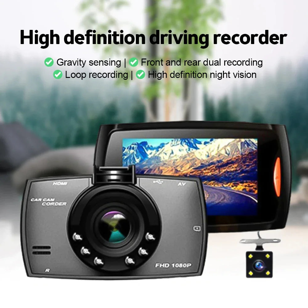 Cámara de salpicadero para coche DVR Full HD 1080P de 2,7'' con cámara frontal y trasera, visión nocturna, sensor G