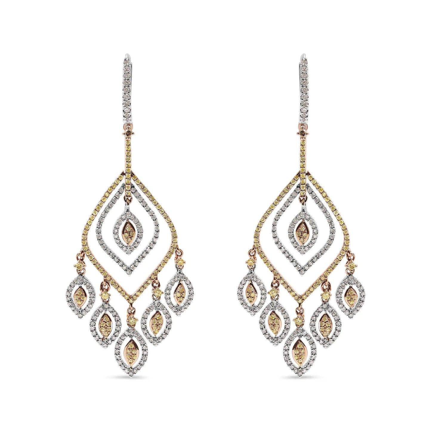 Aretes colgantes estilo candelabro con forma de rombo curvo de diamantes de 2 1/2 ct en oro blanco y rosa de 14 quilates (color JK, claridad I2-I3)