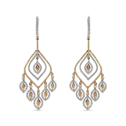 Aretes colgantes estilo candelabro con forma de rombo curvo de diamantes de 2 1/2 ct en oro blanco y rosa de 14 quilates (color JK, claridad I2-I3)