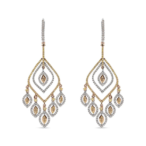 Aretes colgantes estilo candelabro con forma de rombo curvo de diamantes de 2 1/2 ct en oro blanco y rosa de 14 quilates (color JK, claridad I2-I3)