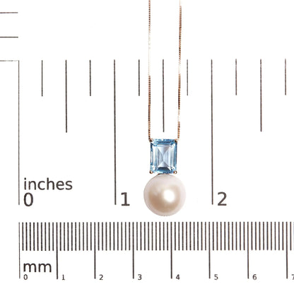 14K Rose Gold 11MM Cultured Freshwater Pearl and 9x7mm Octagon Swiss Blue Topaz Pendant Necklace - 18" Inches