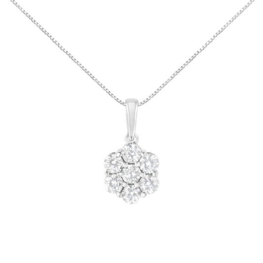 14K White Gold 2.00 Cttw Brilliant Round-Cut Diamond 7 Stone Flower Cluster 18" Pendant Necklace (H-I Color, SI2-I1 Clarity)