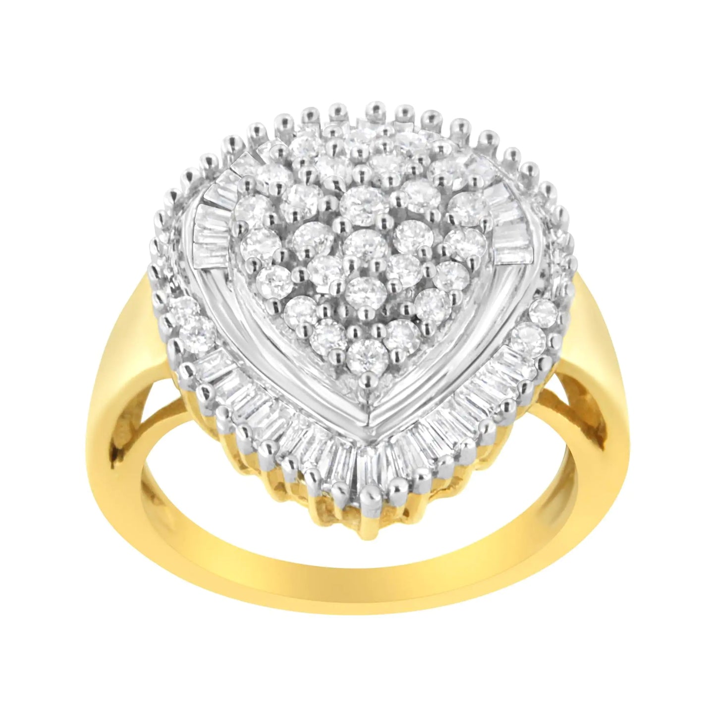 10K Yellow Gold 1.0 Cttw Round and Baguette Cut Diamond Oval Shaped Cluster Ring (I-J Color, I1-I2 Clarity)