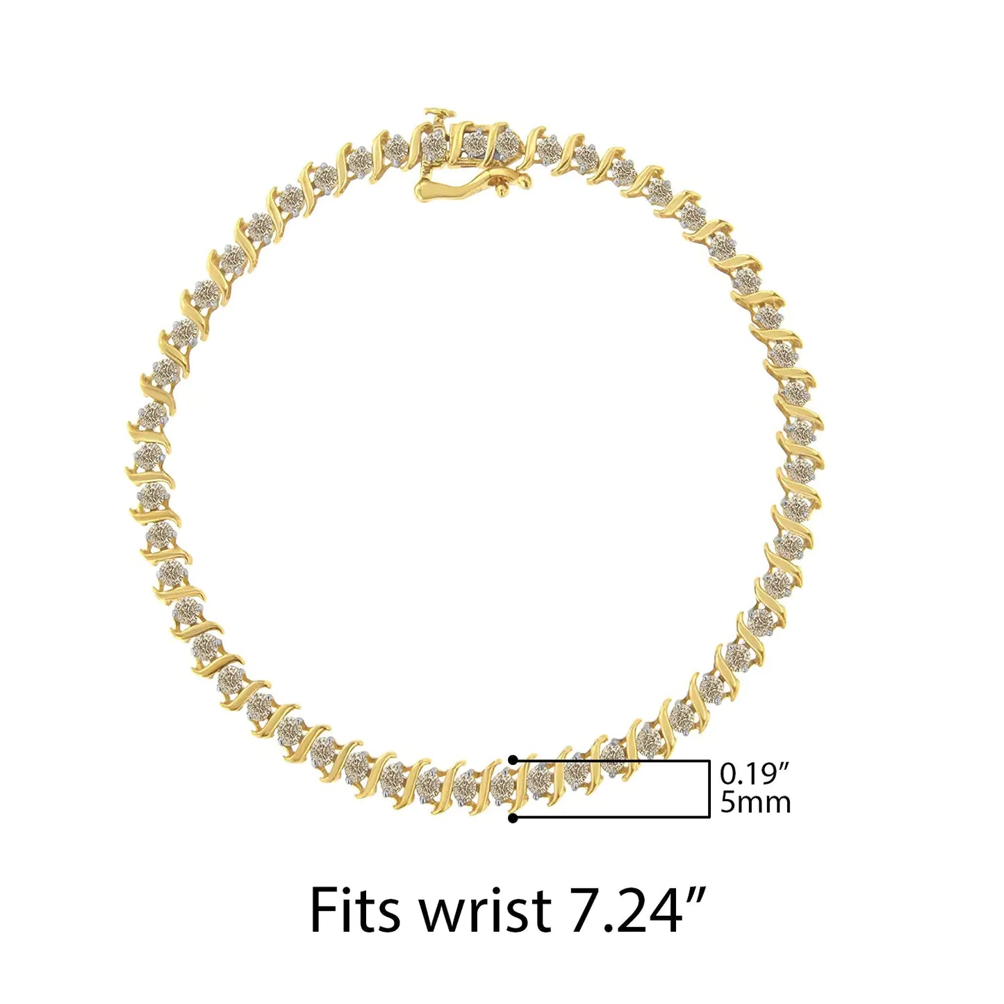 Pulsera de eslabones en forma de S de plata esterlina bañada en oro amarillo de 10 quilates de 2 micras (2 cts, color JK, claridad I2-I3)