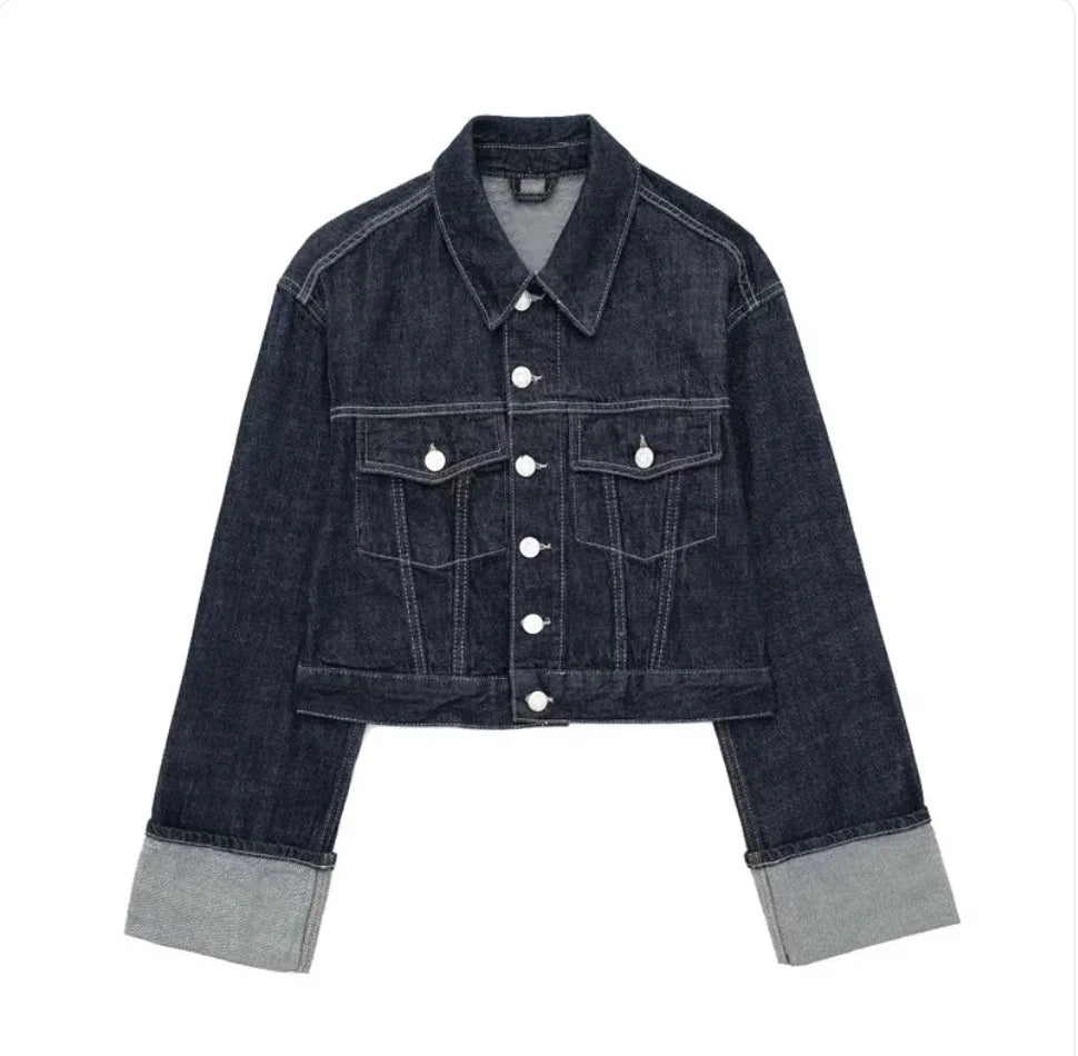 Women's Denim Jacket with Hemming Sleeves and Trousers