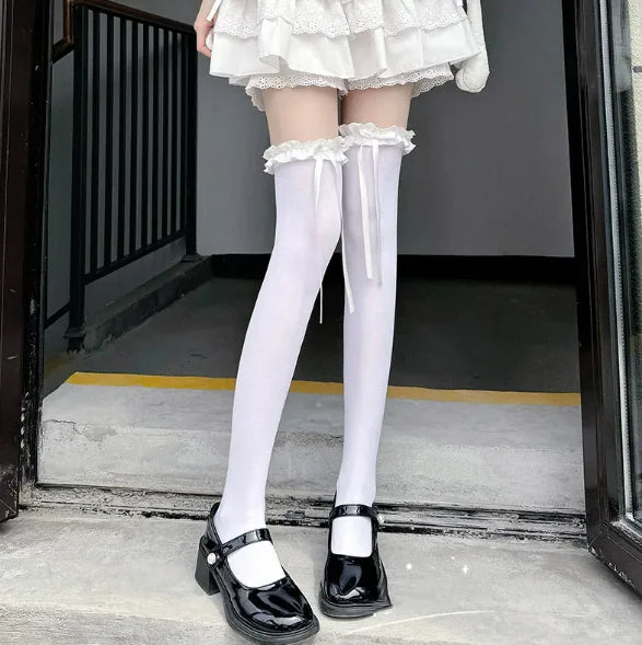 Women's White Silk Knee-High Thin Velvet Stockings