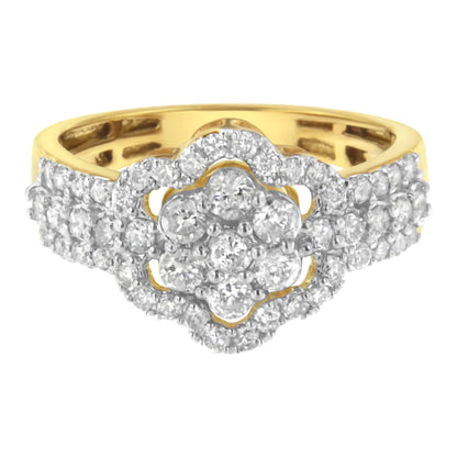 Anillo floral abierto con halo de diamantes de 1,0 ct y baño de oro amarillo de 10 quilates en plata de ley 925 (color JK, claridad I2-I3)