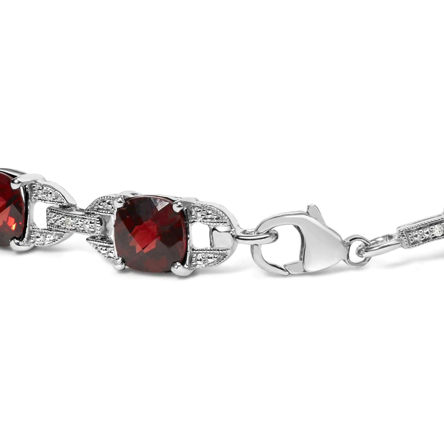 Pulsera de eslabones de tenis de moda en plata de ley 925 de 7 x 7 mm con granate rojo a cuadros y detalles de diamantes (color IJ, claridad I1-I2) - Tamaño: 18 cm