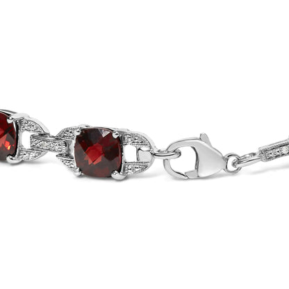 .925 Sterling Silver 7x7mm Checkered Cushion Red Garnet and Diamond Accent Fashion Tennis Link Bracelet (I-J Color, I1-I2 Clarity) - Size 7" Inch