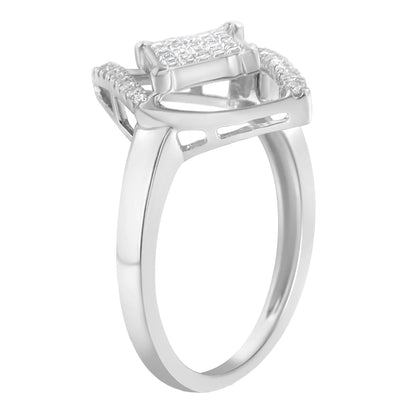 10k White Gold 1/3 Cttw Round and Princess Diamond Double Triangle Cocktail Ring (H-I Color, SI1-SI2 Clarity)