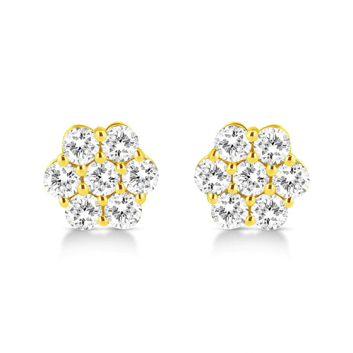 Aretes de oro amarillo de 14 quilates con diamantes de talla brillante redonda de 1/2 ct y diseño floral con cierre de presión (color JK, claridad VS2-SI1)