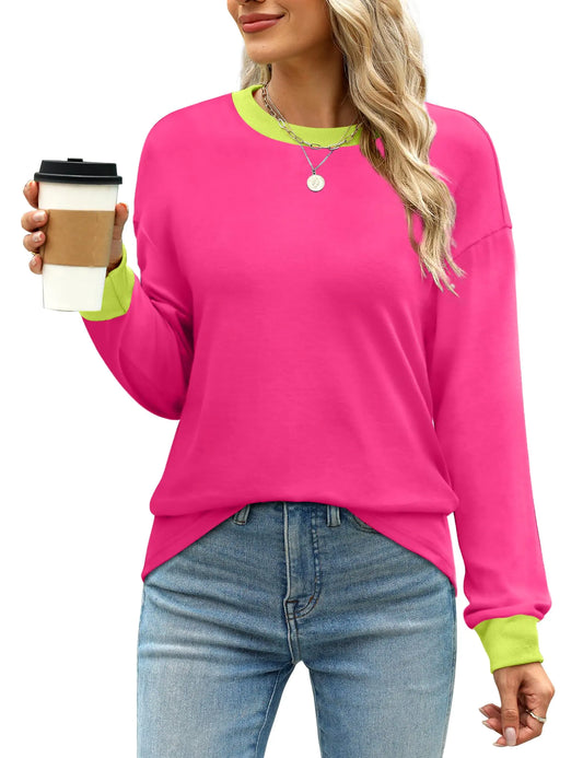 WIHOLL Womens Tunic Tops Long Sleeve Striped Shirts Crewneck Tops Plain Hot Pink X-Large