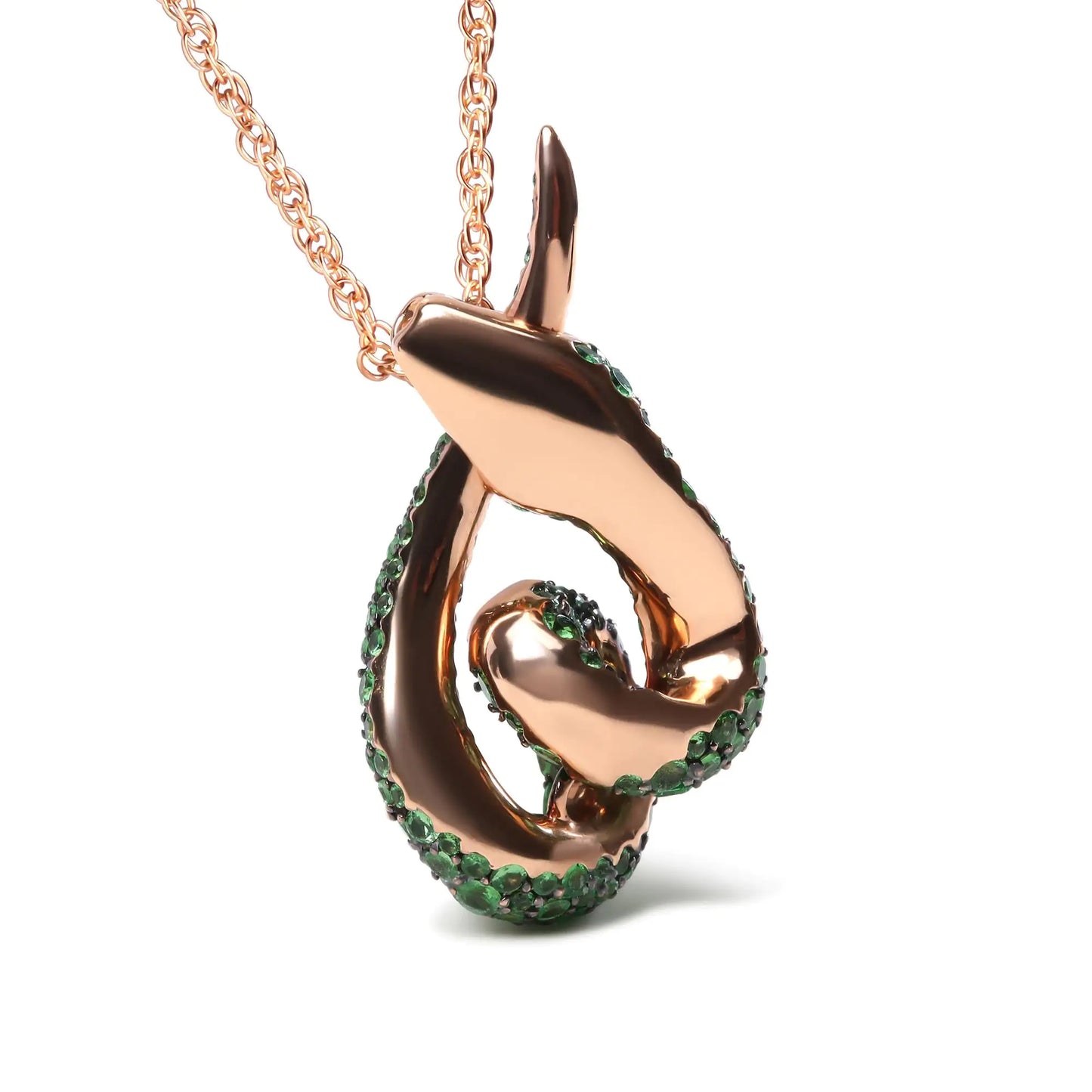 18K Rose Gold Round Green Tsavorite Gemstone Cluster Spiral Snake Design 18" Pendant Necklace (AAA+ Quality)