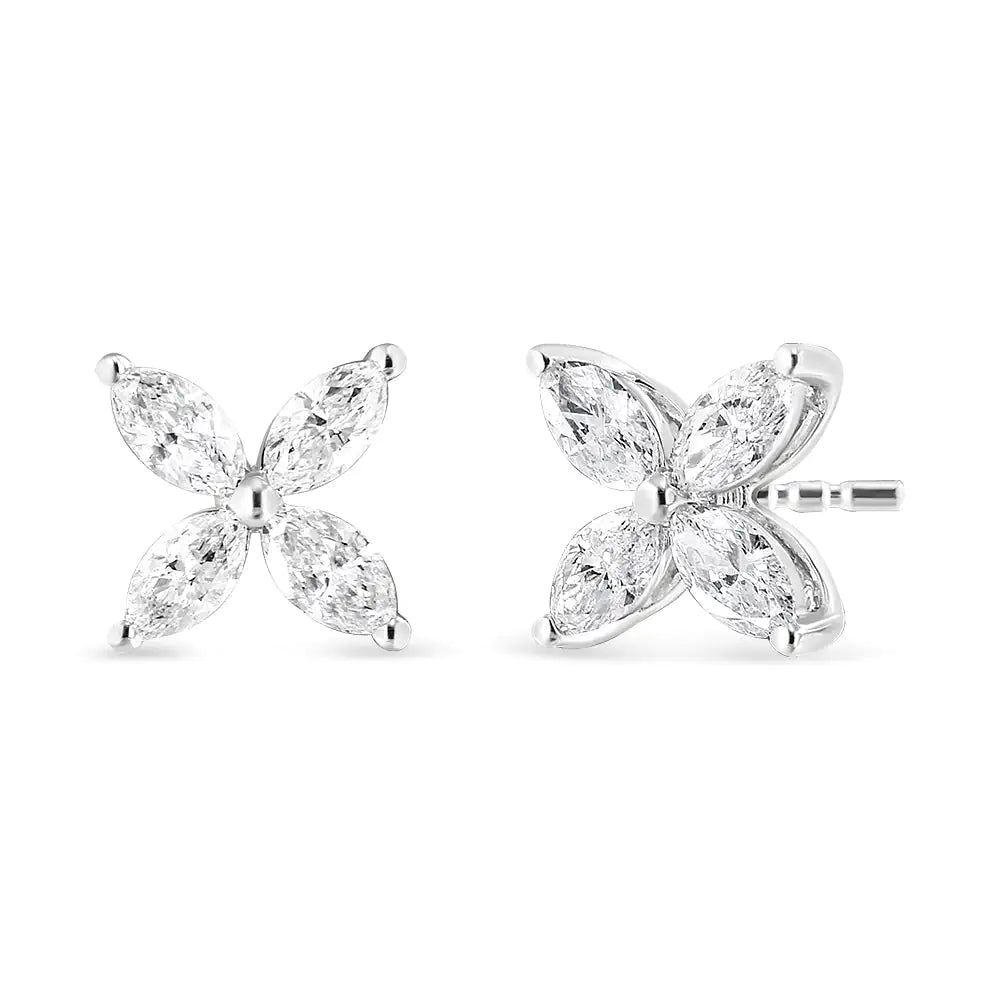 14K White Gold 1.0 Cttw Marquise Diamond 8 Stone Floral Leaf Stud Earrings (H-I Color, SI2-I1 Clarity)