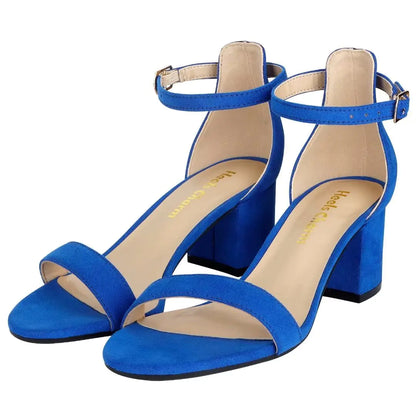 Sandalias de tacón bajo con tiras gruesas para mujer, de 5 cm, con puntera abierta y tira en el tobillo, para vestir, para uso diario, para trabajo y fiesta, en terciopelo azul 7