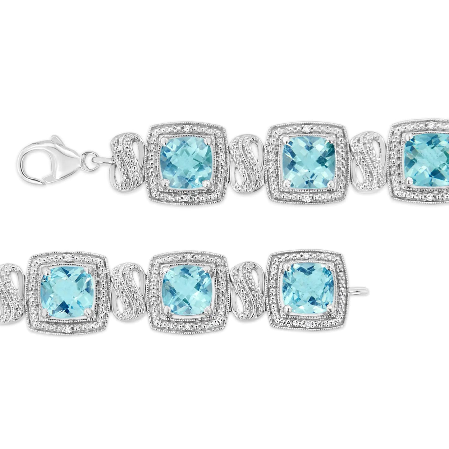 .925 Sterling Silver 7x7 mm Cushion Cut Blue Topaz and 1/10 Ctw Single Cut Diamond Square Shape Tennis Bracelet (I-J Color, I1-I2 Clarity) - 7"