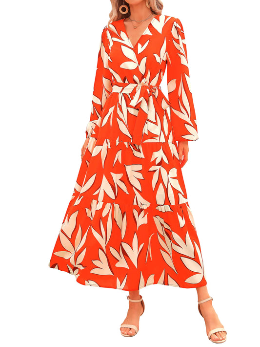 PRETTYGARDEN Vestido largo informal de gasa estilo bohemio con volantes y cuello en V cruzado de manga larga para mujer, talla XX-Large, color naranja y blanco