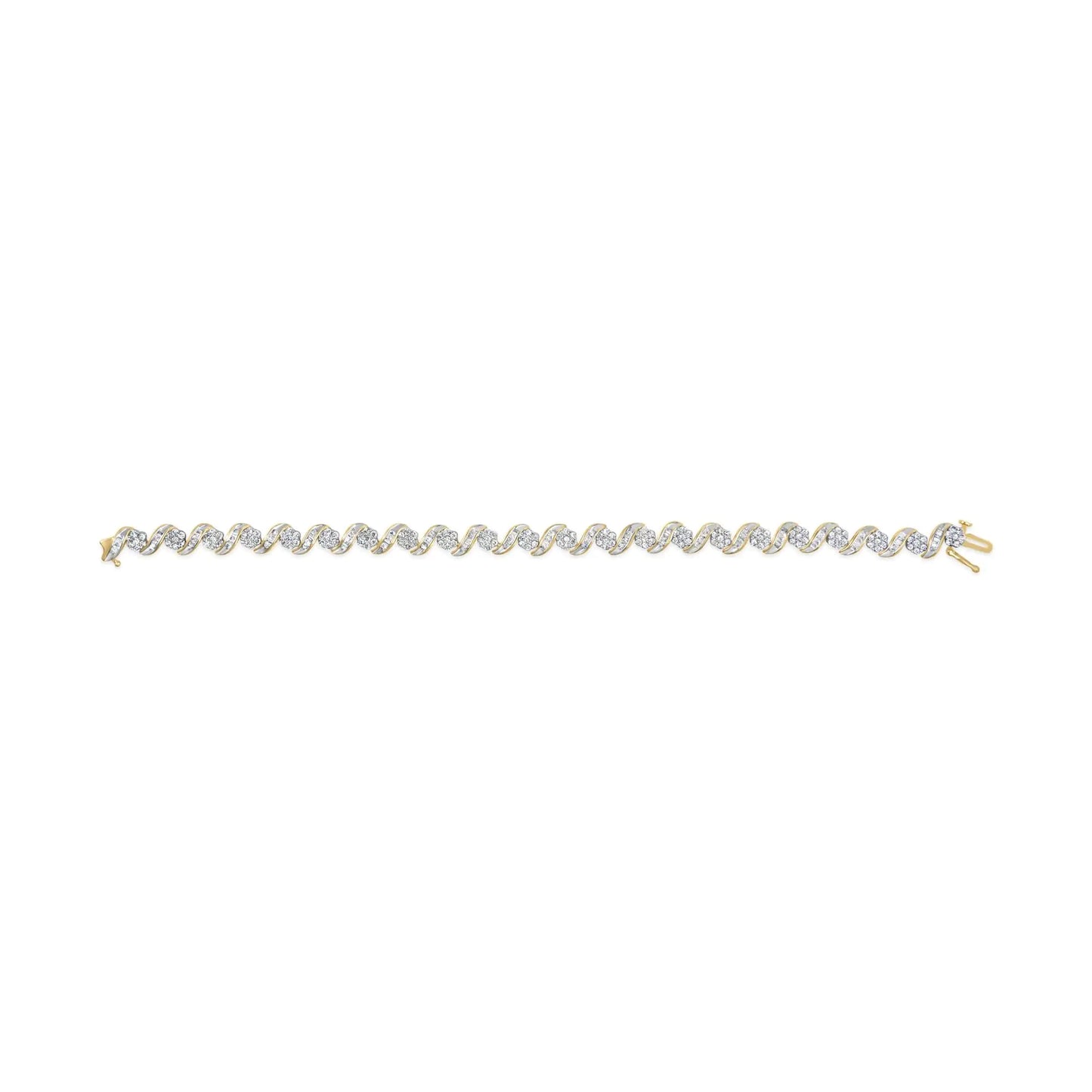 10k Yellow Gold 3.00 Cttw Round-Cut and Baguette-Cut Diamond Floral Link 7.50" Bracelet (J-K Color, I1-I2 Clarity)