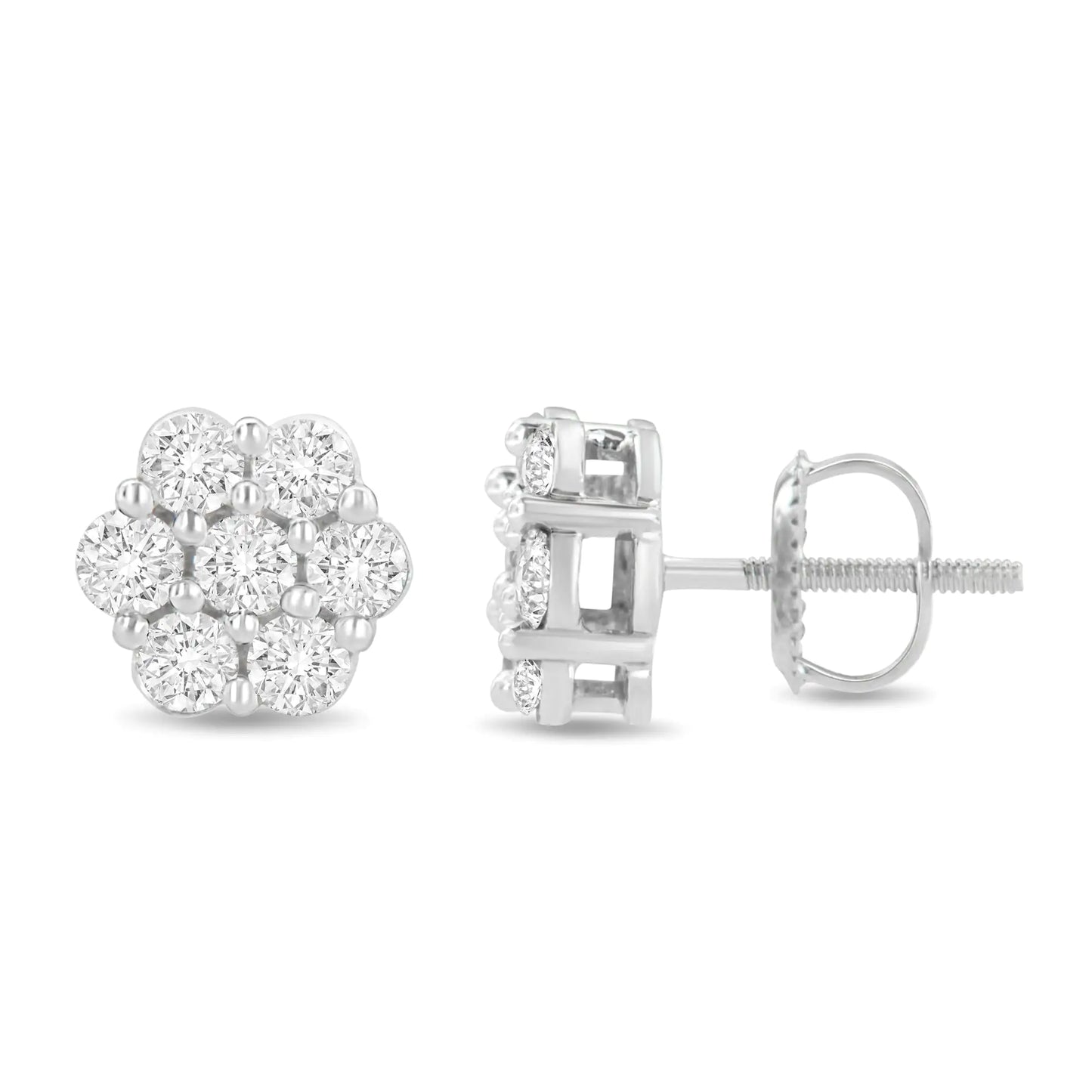 14K White Gold 1 1/2 cttw Prong Set Round-Cut Diamond Floral Cluster Stud Earrings (I-J Color, SI1-SI2 Clarity)