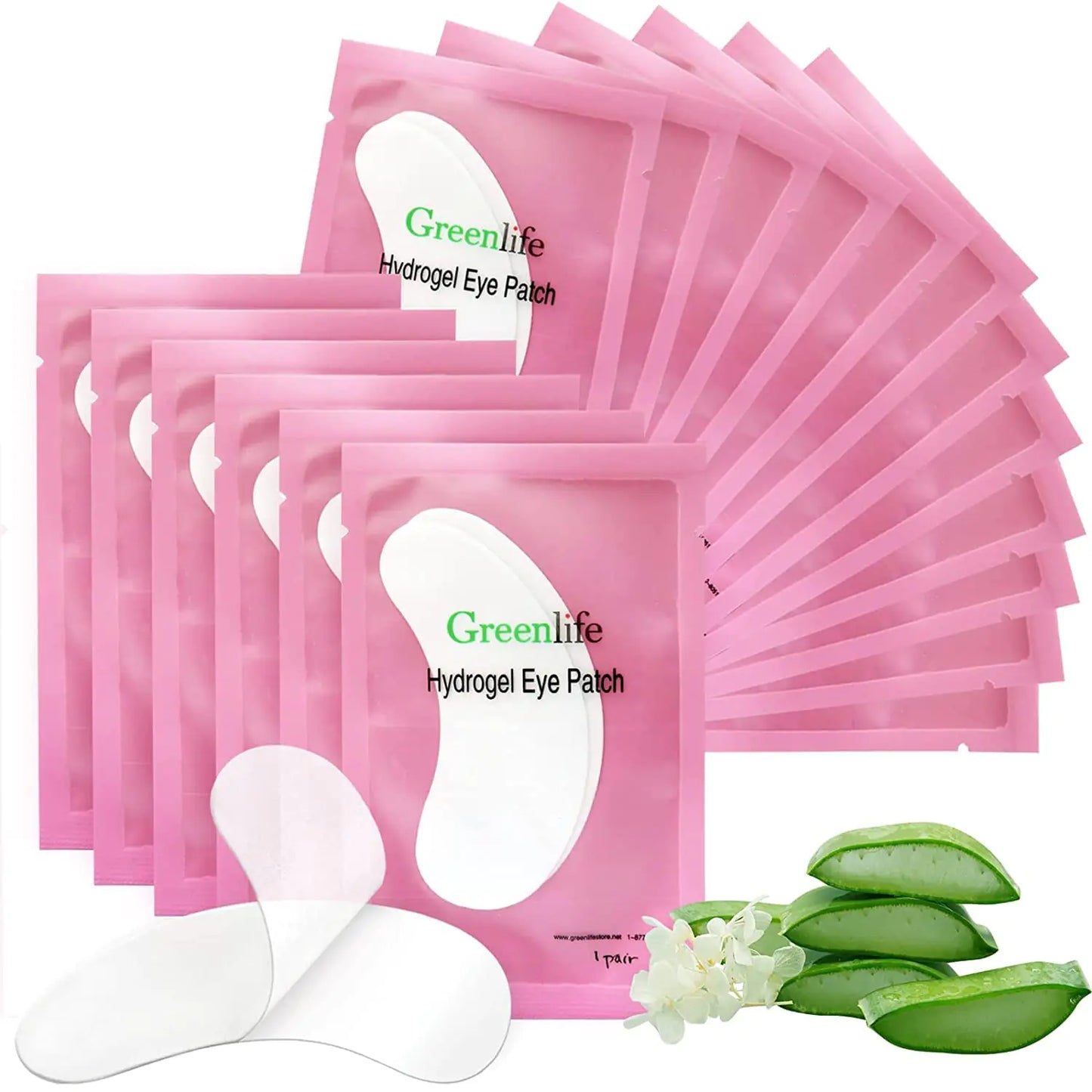 100 pares de parches de hidrogel natural GreenLife para ojos - Parches de colágeno y aloe vera para la zona de los ojos - Kit de extensión de pestañas