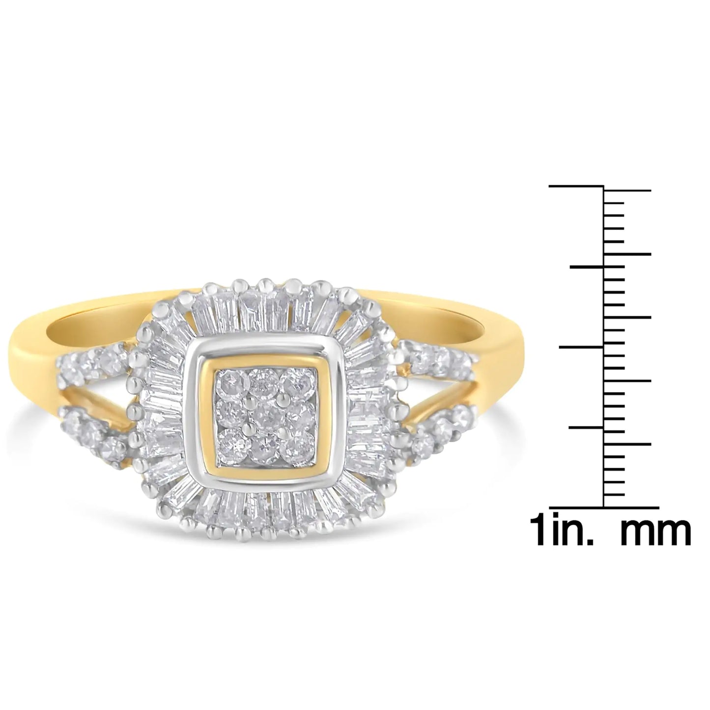 Anillo de bailarina de oro amarillo de 10 quilates con diamantes de talla baguette y redonda (1/2 ct, color IJ, claridad SI2-I1)