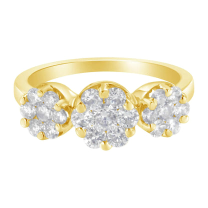 Anillo de compromiso o de moda en oro amarillo de 14 quilates con tres racimos florales redondos de diamantes de talla brillante de 1 1/4 ct (color HI, claridad SI2-I1)