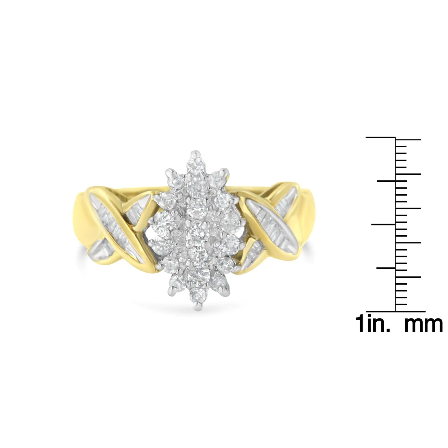 10K Two-Toned Round Baguette Diamond Cluster Ring (1/2 Cttw, I-J Color, I2-I3 Clarity)