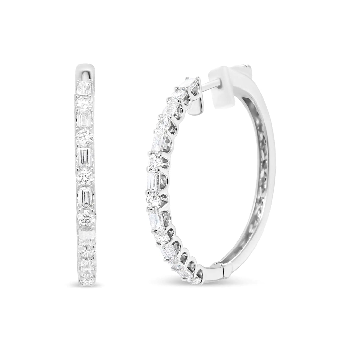 14K White Gold 1 3/4 Cttw Round and Baguette Diamond Hoop Earrings - (H-I Color, SI2-I1 Clarity)