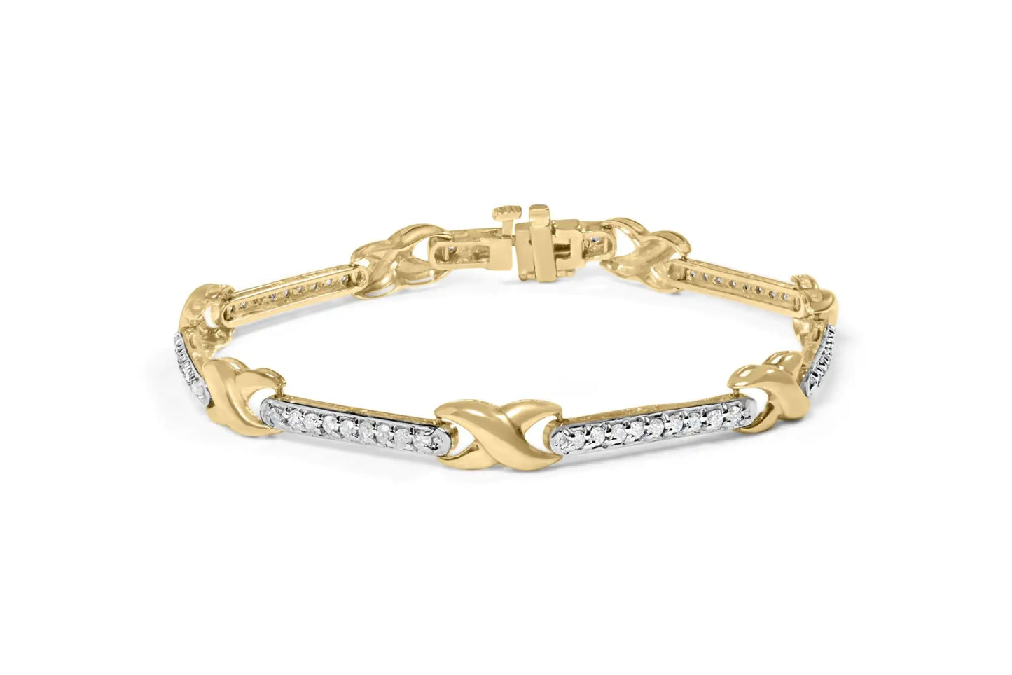 10K Yellow Gold 1.00 Cttw Pave Set Diamond Bar and  X-Link 7" Bracelet (I-J Color, I3 Quality)