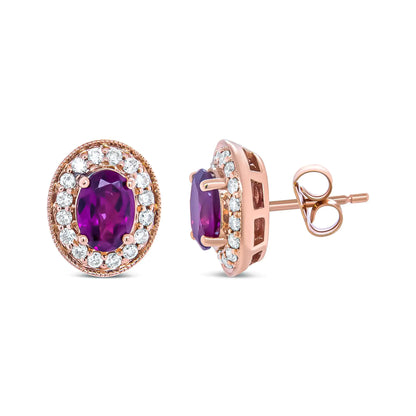 14K Rose Gold 7x5mm Oval Cut Garnet and 3/8 Cttw Round Diamond Halo Stud Earrings (G-H Color, SI1-SI2 Clarity)