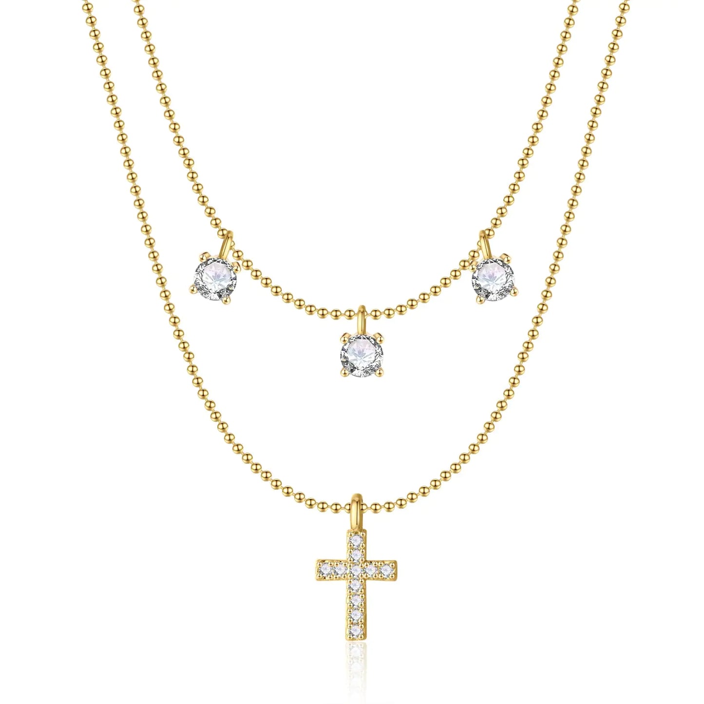 Cross Necklace for Women 14K Real Gold Silver Plated Dainty Small Cross Pendant Choker Simple Trendy Cute Cross Charm Chain Necklace Faith Jewelry Religious Minimalist Gift 2 Layered Bead+Diamond Cross-GD