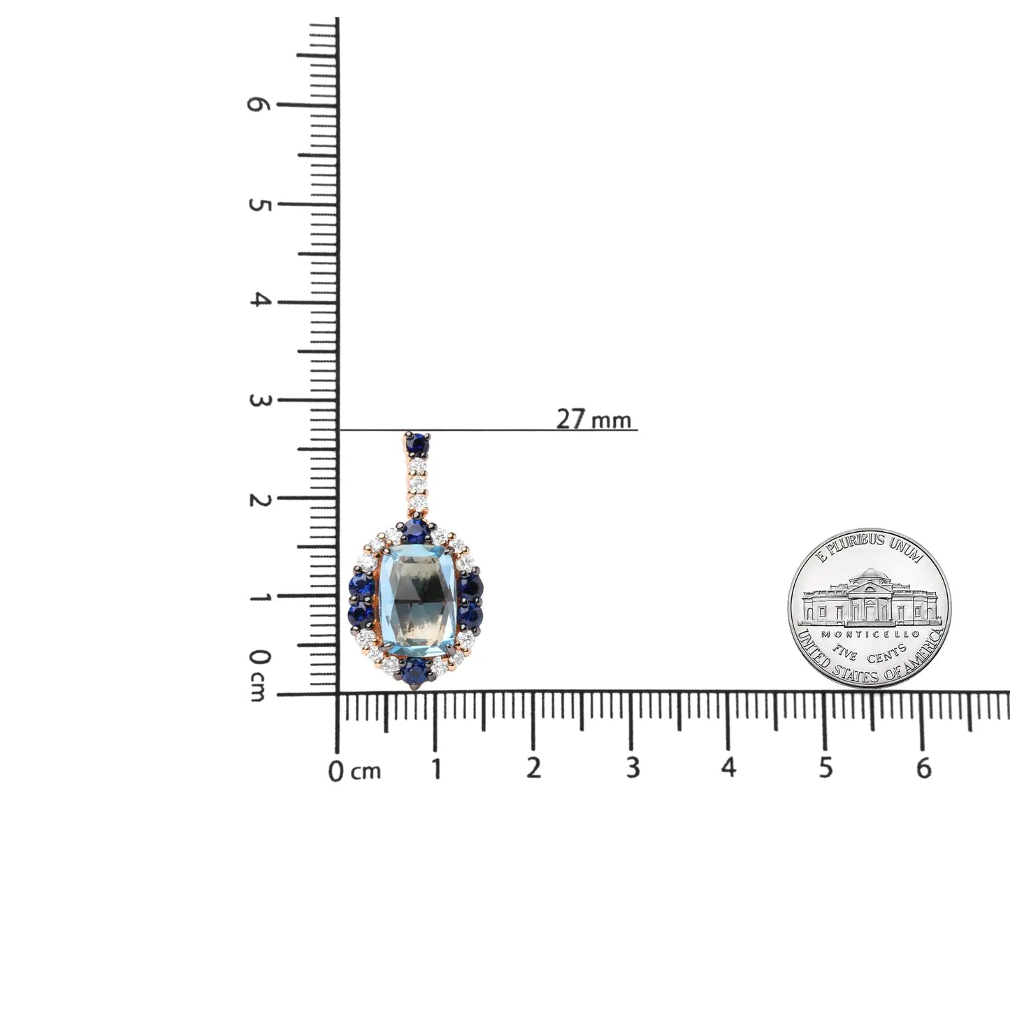 Pendientes colgantes de oro blanco y rosa de 18 quilates con diamantes de 3/4 ct, zafiro azul redondo y topacio azul cielo de talla cojín de 13 x 8 mm (color GH, claridad SI1-SI2).