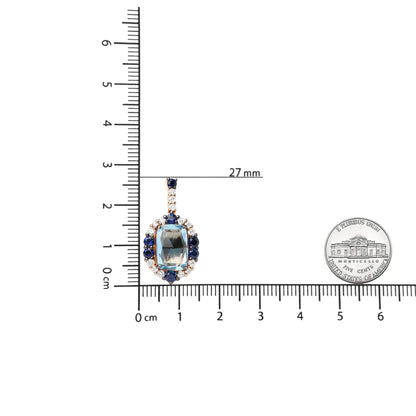 Pendientes colgantes de oro blanco y rosa de 18 quilates con diamantes de 3/4 ct, zafiro azul redondo y topacio azul cielo de talla cojín de 13 x 8 mm (color GH, claridad SI1-SI2).