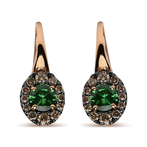 18K Rose and White Gold 3/8 Cttw Round Brown Diamonds and Round Green Tsavorite Gemstone Halo Drop Hoop Earrings (Brown Color, SI1-SI2 Clarity)