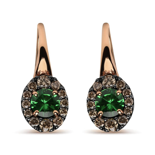 18K Rose and White Gold 3/8 Cttw Round Brown Diamonds and Round Green Tsavorite Gemstone Halo Drop Hoop Earrings (Brown Color, SI1-SI2 Clarity)