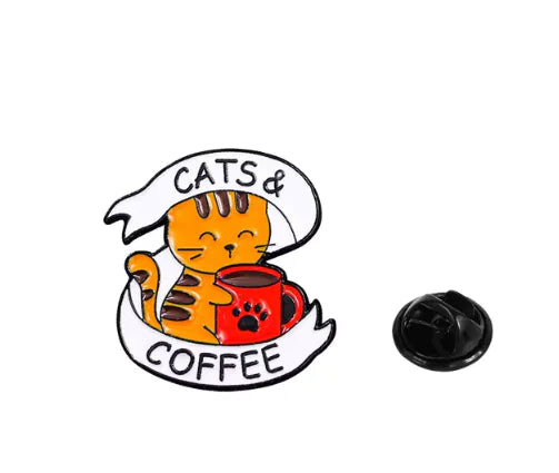 Cat & Coffee Enamel Pin Set