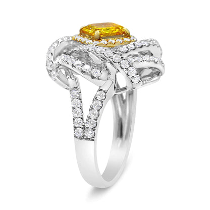 18K White and Yellow Gold 2 1/2 Cttw Yellow Asscher Lab Grown Center Diamond Cluster Swirl Ring (Yellow/G-H Color, VS1-VS2 Clarity)