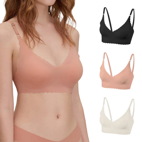 DEANGELMON Sujetador de cuello en V, acolchado, sin costuras, con tirantes ajustables, bralettes, sujetadores básicos para dormir de uso diario, paquete múltiple, negro, melocotón suave, albaricoque pequeño